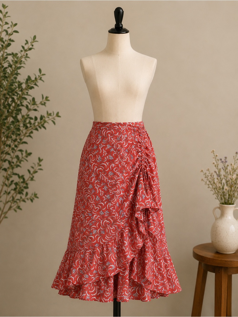 Max Studio Red Floral Ruffled Midi Skirt